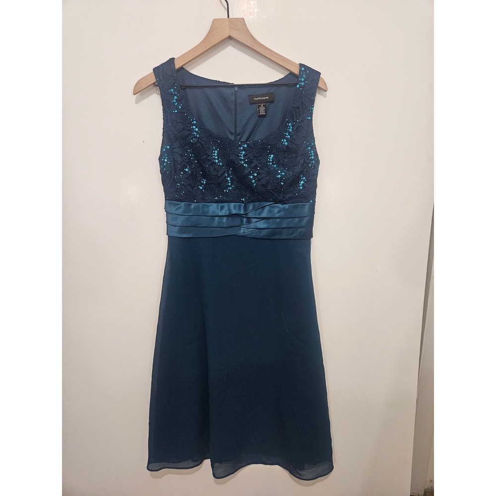 R&M Richards Teal Blue Lace Sequin‎ Cocktail Dress Sleeveless Size 12 Formal